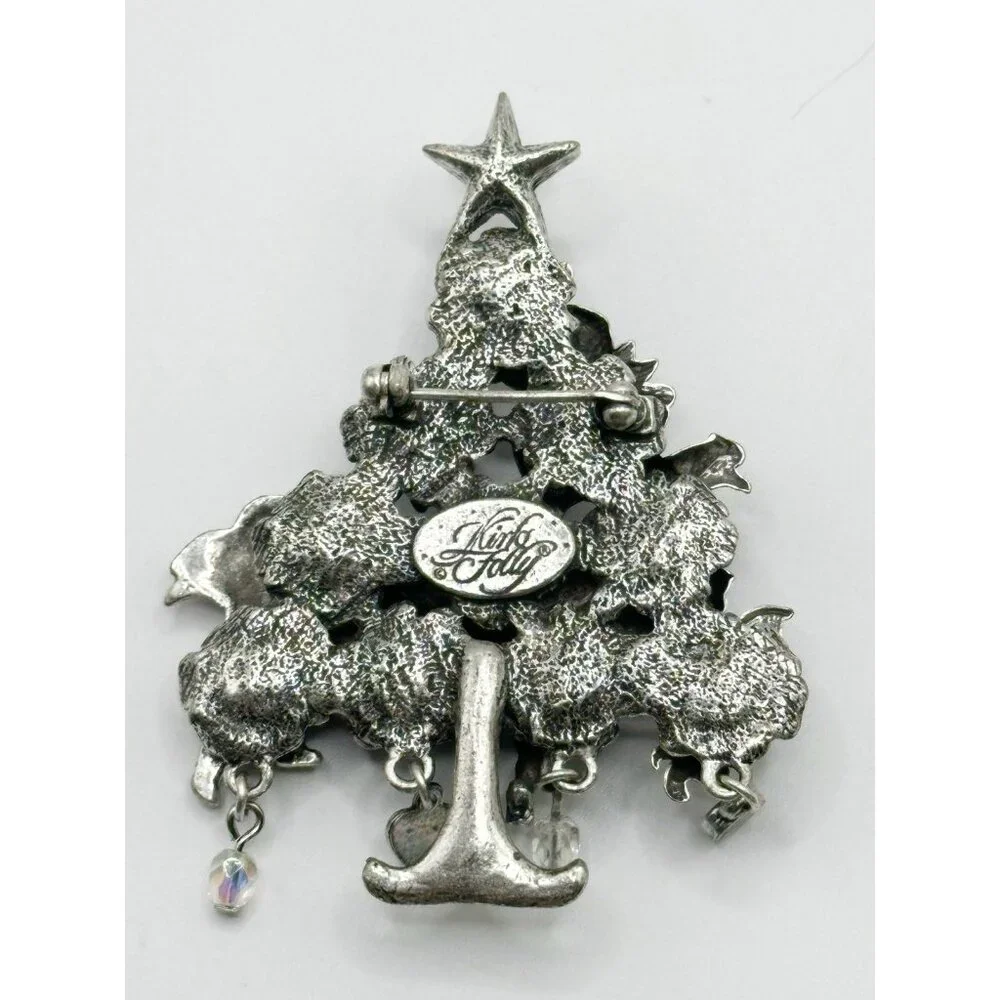 Kirks‎ Folly Cherubs Angels Silvertone Rhinestone Christmas Tree Pin